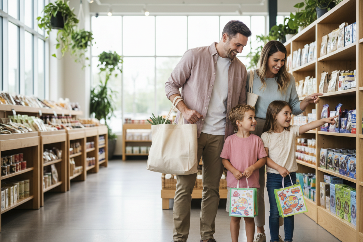 dame una familia disfrutando de la vida diaria y que tienen intencion de compra